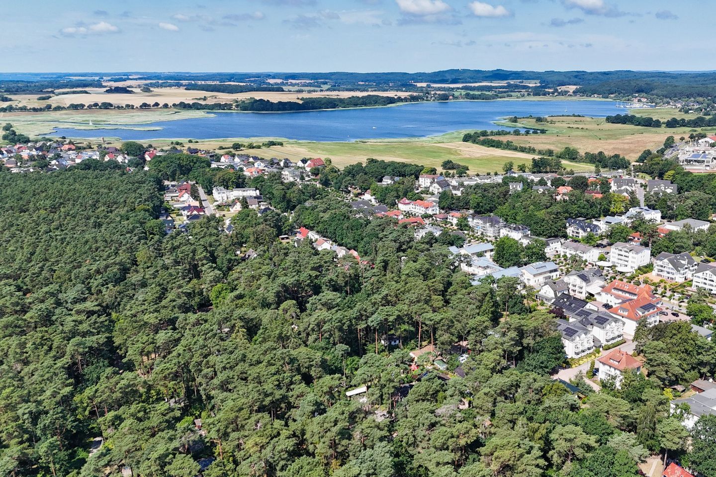 An aerial view of a residential area with houses, dense forest, and a lake in the background.