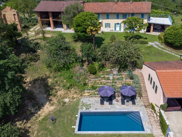An aerial view of a property with a swimming pool, two umbrellas, and a garden.