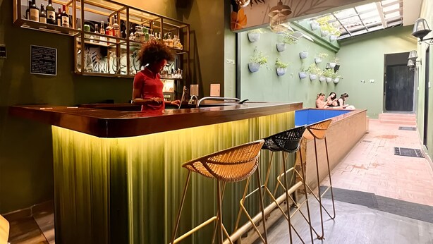 A bar area with a green counter, hanging pendant lights, and a wall with potted plants. - Hostal Seven Nights Cartagena - Hostel (Cartagena)