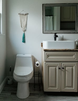 Combined shower/tub, hair dryer, towels, soap