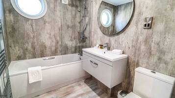 Combined shower/bathtub, hair dryer