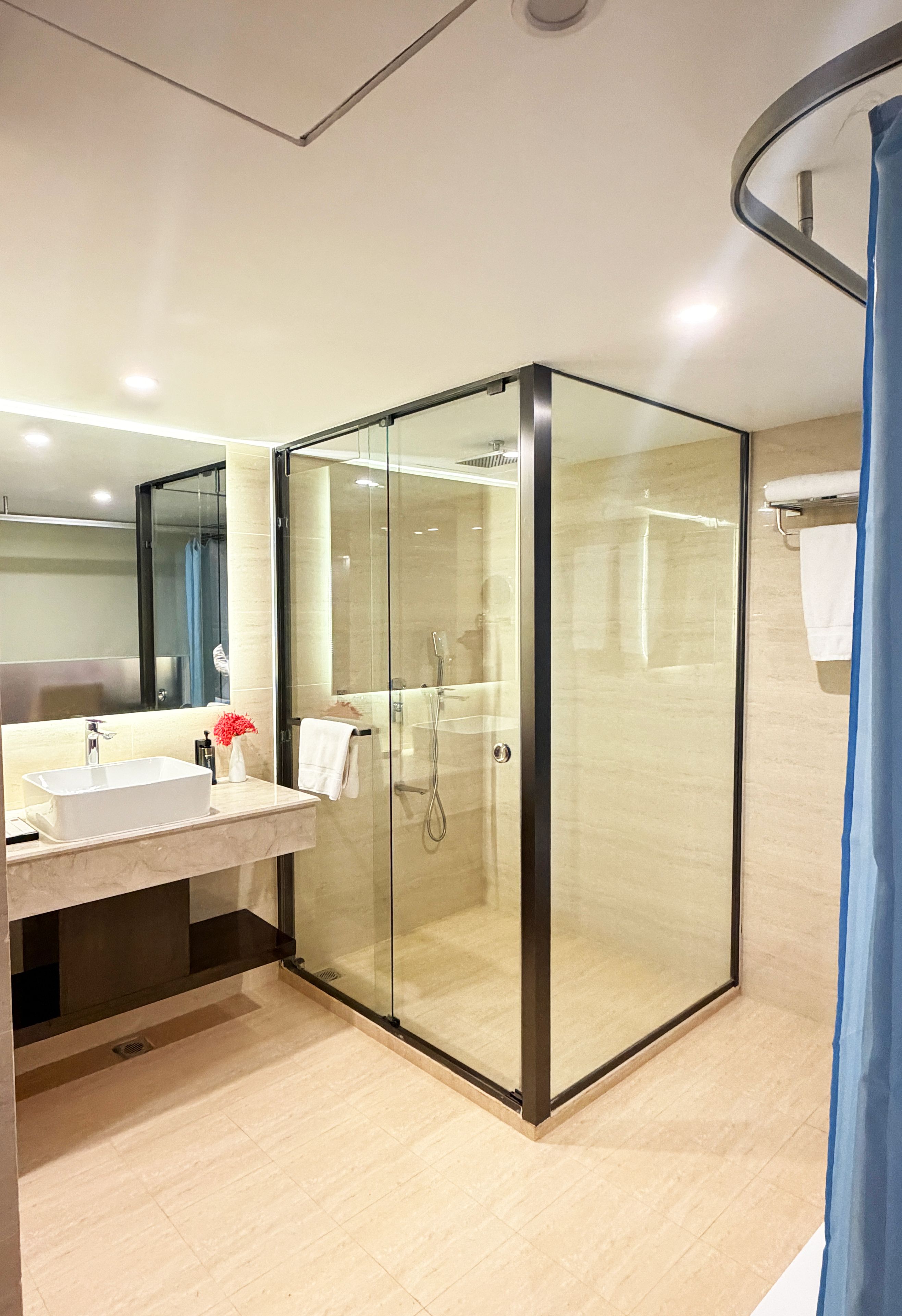 A modern bathroom with a glass-enclosed shower, a sink with a vase of flowers, and a mirror.