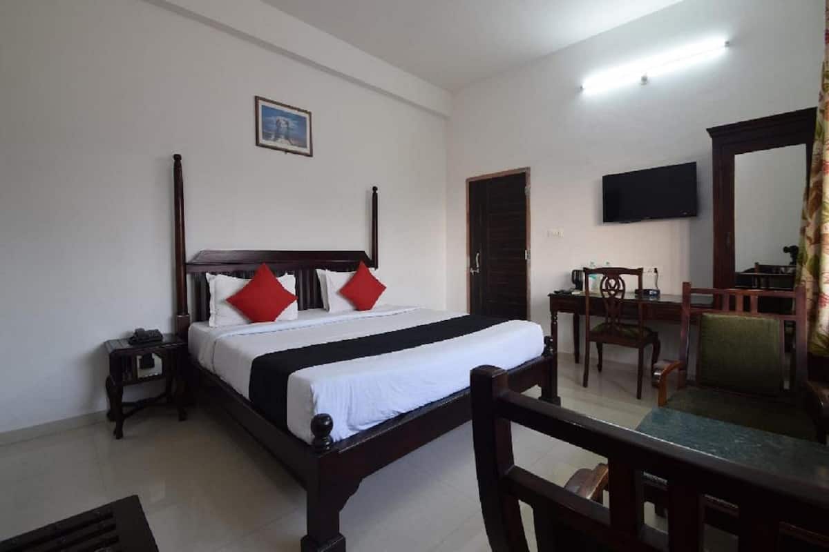 Una habitación de hotel con una cama grande, un escritorio, una silla, un televisor y un espejo.