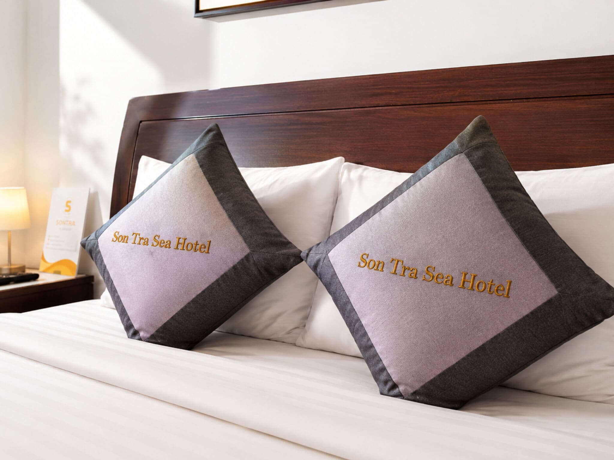 Una cama con dos almohadones, cada uno con el texto 'Son Tra Sea Hotel'.