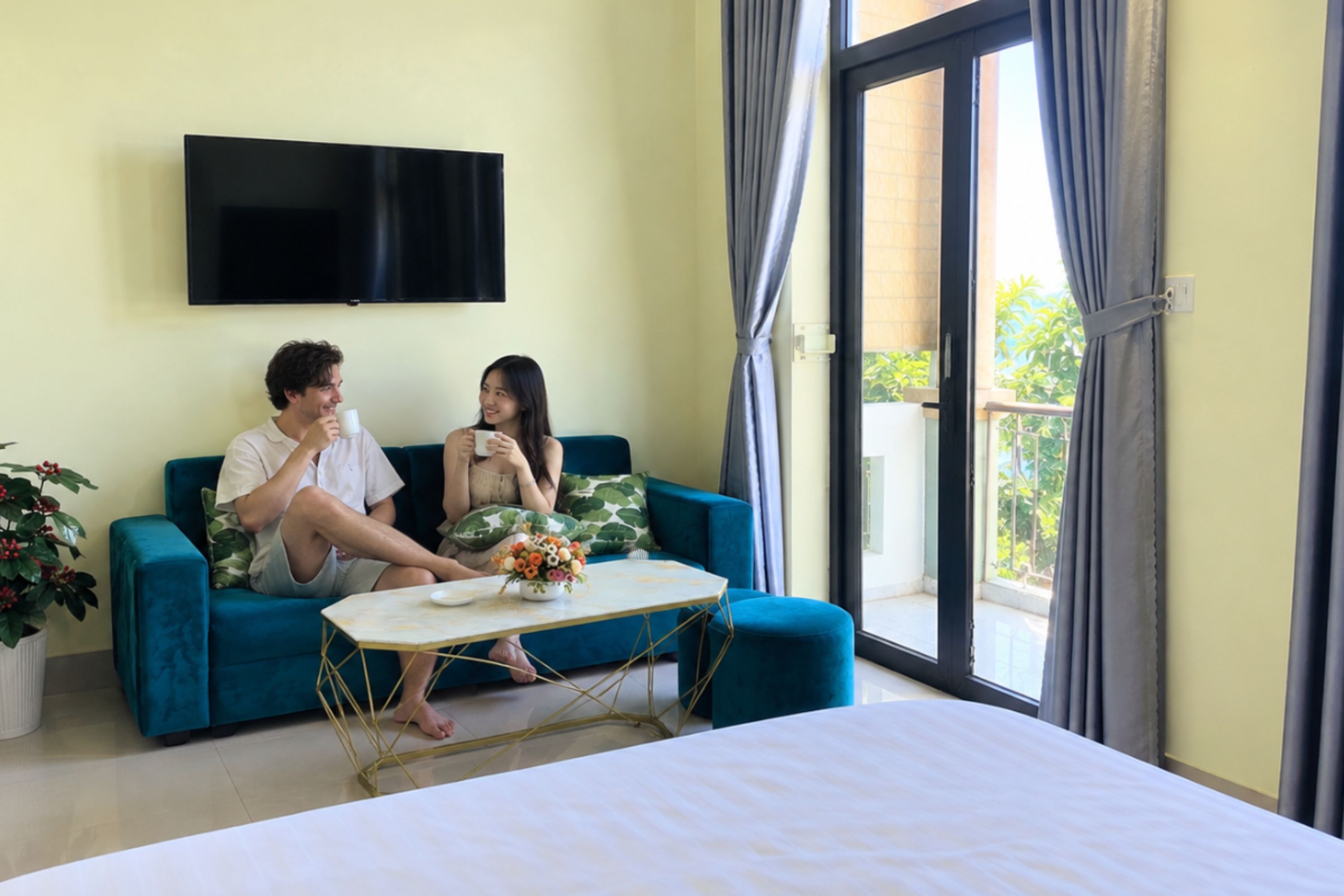 Een kamer met een bed, een slaapbank, een salontafel, een aan de muur bevestigde televisie en een balkon met gordijnen.