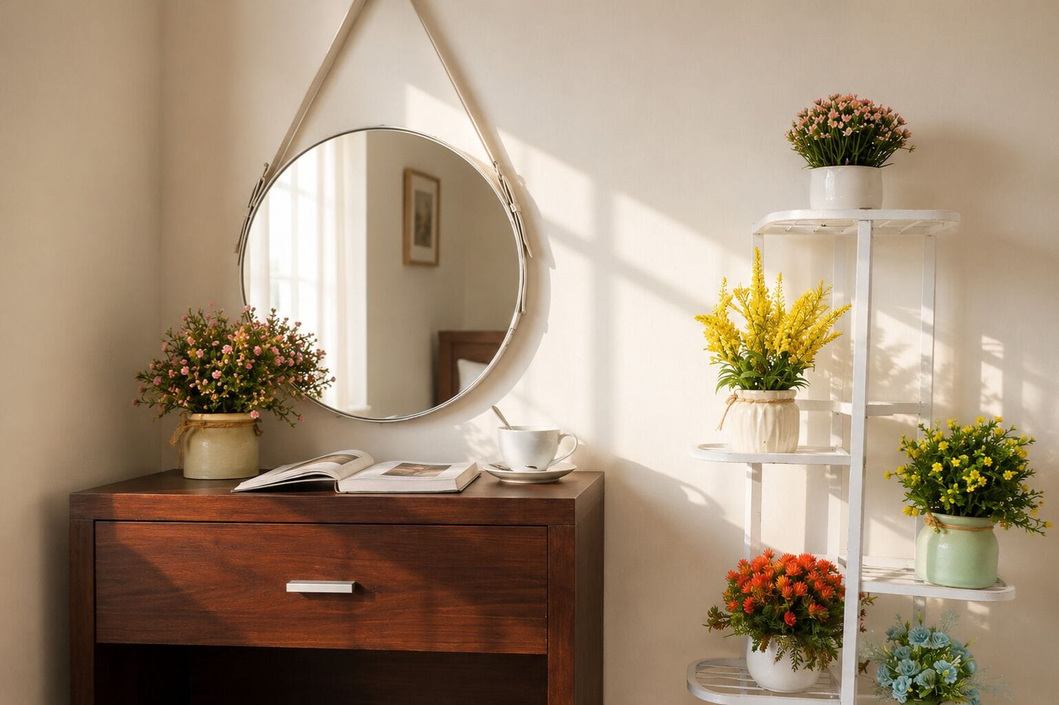 A wooden dresser with a mirror, a book, and a cup. There are multiple shelves with potted plants.