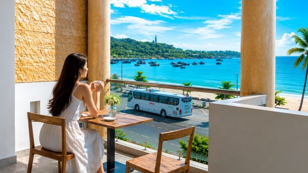 A balcony with a view of a coastal area, a white bus, and a person holding a cup. - SONTRA SEA HOTEL (Da Nang)