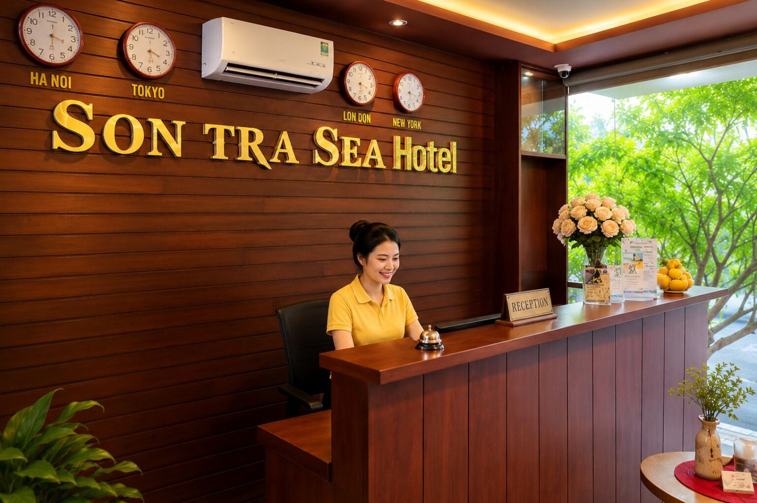 En receptionsdisk på SON TRA SEA Hotel med klockor som visar olika tidszoner, en receptionist och ett fönster med utsikt över träd.
