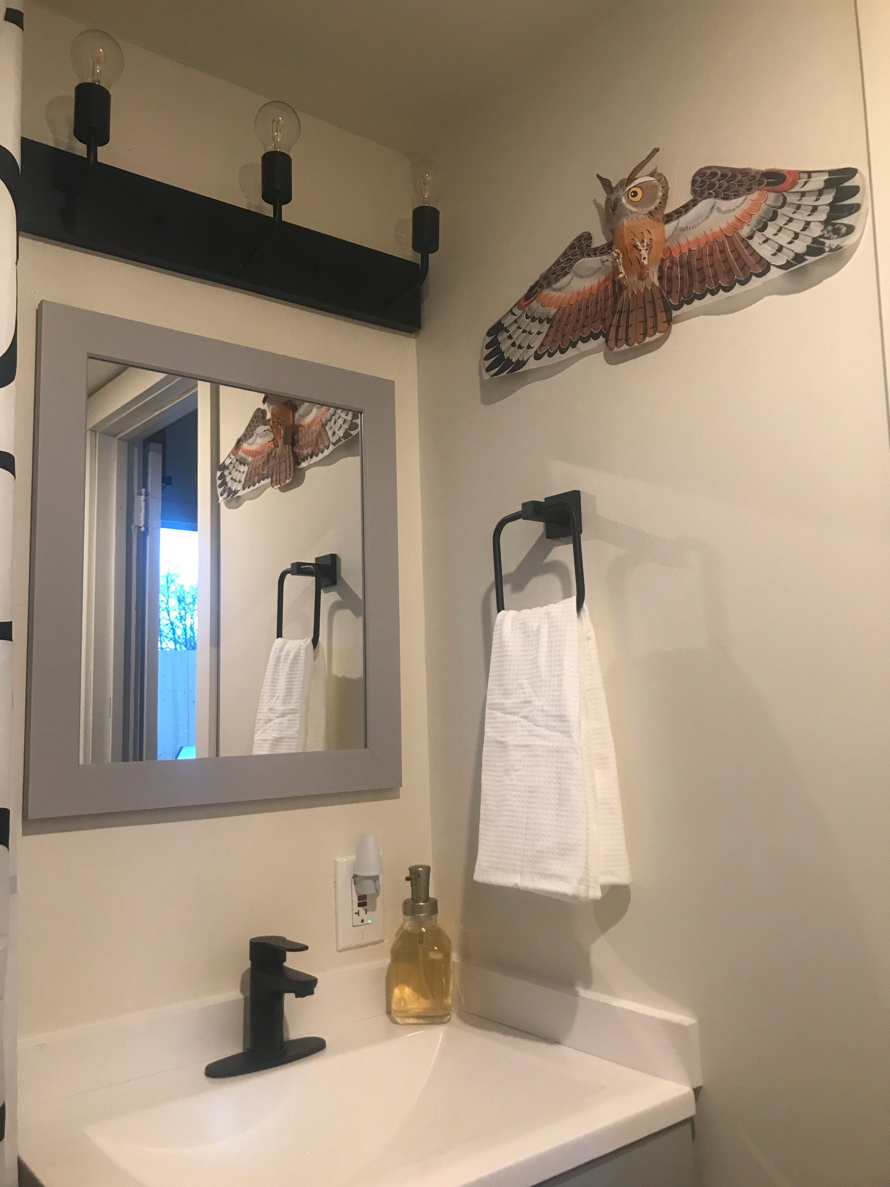 A bathroom with a white sink, a mirror, a towel rack, and a decorative owl.