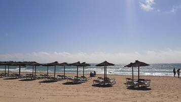 Een strand met rijen ligbedden en parasols, een heldere lucht en de oceaan op de achtergrond.