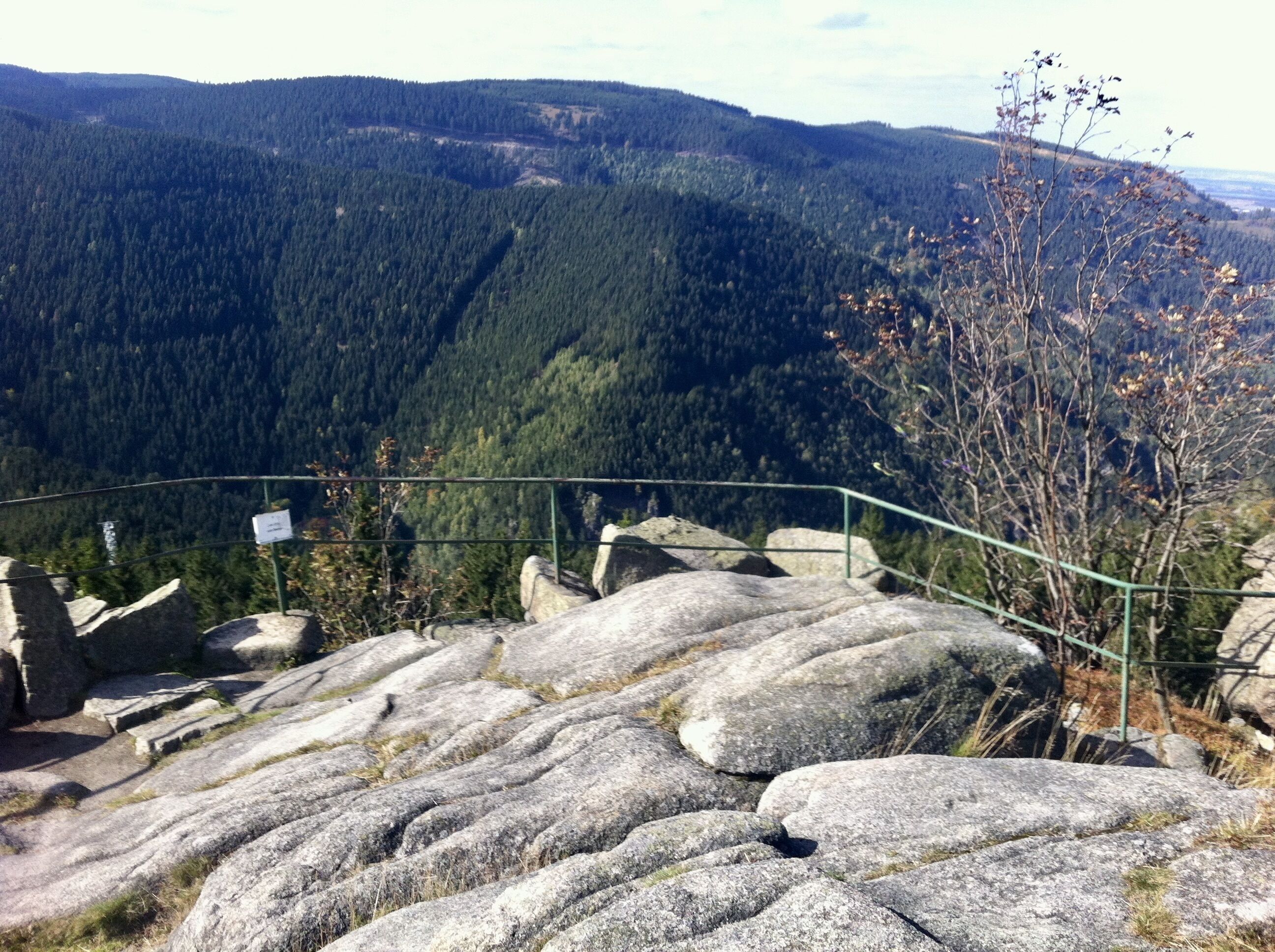 A rocky landscape with a metal railing and a sign, overlooking a forested valley.