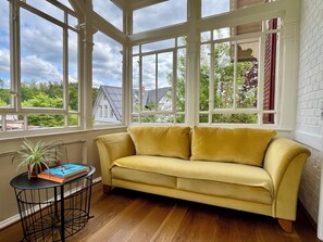 Smart TV, fireplace, books