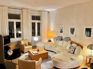 Smart TV, fireplace, books