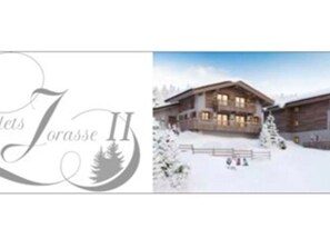 A lodge with a prominent logo, a wooden exterior, and a snowy landscape.