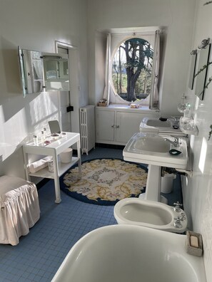 Bathtub, bidet, towels, soap