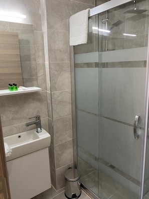 Shower, rainfall showerhead, hair dryer, slippers