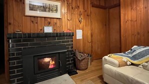 Una habitación acogedora con chimenea, paredes de madera, un sofá y una lámpara colgante.