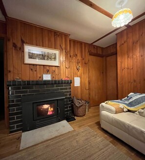 A cozy room with a fireplace, wooden walls, a sofa, and a hanging light fixture.