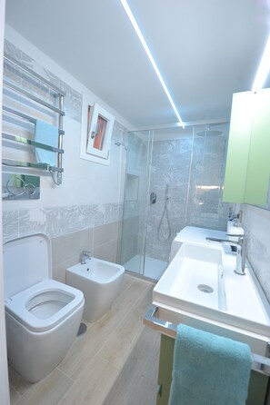 Comfort studio | Badkamer | Een douche, gratis toiletartikelen, een haardroger, een bidet