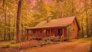 Un chalet rustique doté d’un porche, entouré d’une forêt.