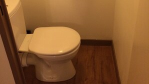 Un baño pequeño y funcional, con inodoro y dispensador de papel higiénico adherido a la pared.
