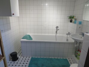 浴缸、吹风机、毛巾、卫生纸