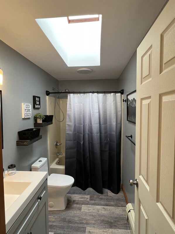 A bathroom with a skylight, a toilet, a shower, and a sink.