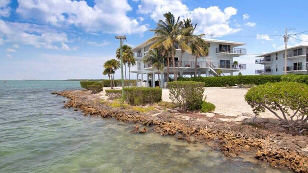 A beachfront property with a white building, palm trees, and a rocky shoreline. - Changes in Latitude (MARATHON)