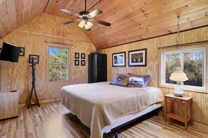 A bedroom with a bed, a standing lamp, a television, and framed pictures on the wall. - Skyview: Full Cabin, Hot Tub, Game Room 5BR/5BA (Ellijay)