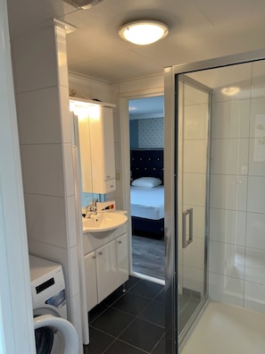 A modern bathroom with a built-in sink, mirror, and a glass shower enclosure.