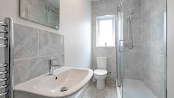 Shower, free toiletries, hair dryer, towels