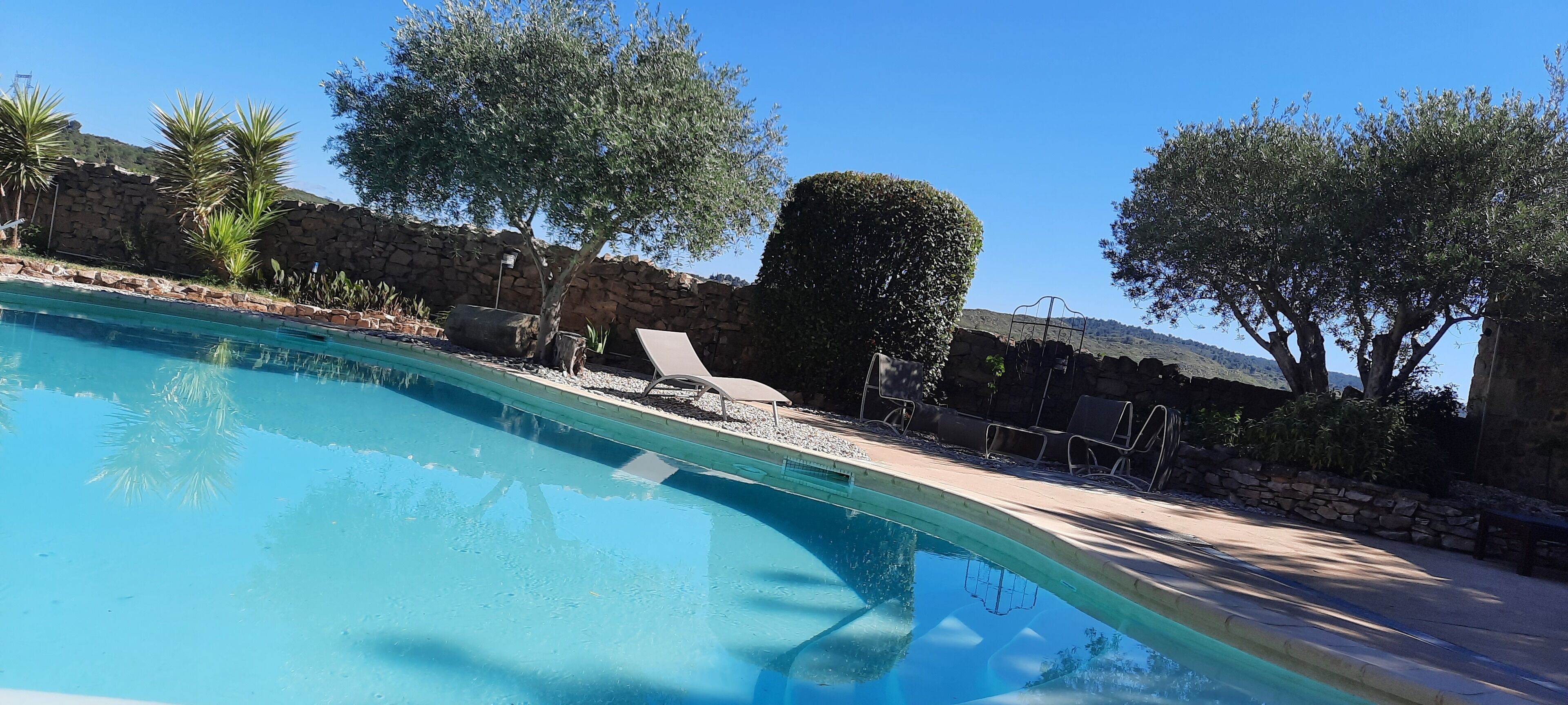 Una piscina con sillas de descanso, rodeada de árboles y un muro de piedra.