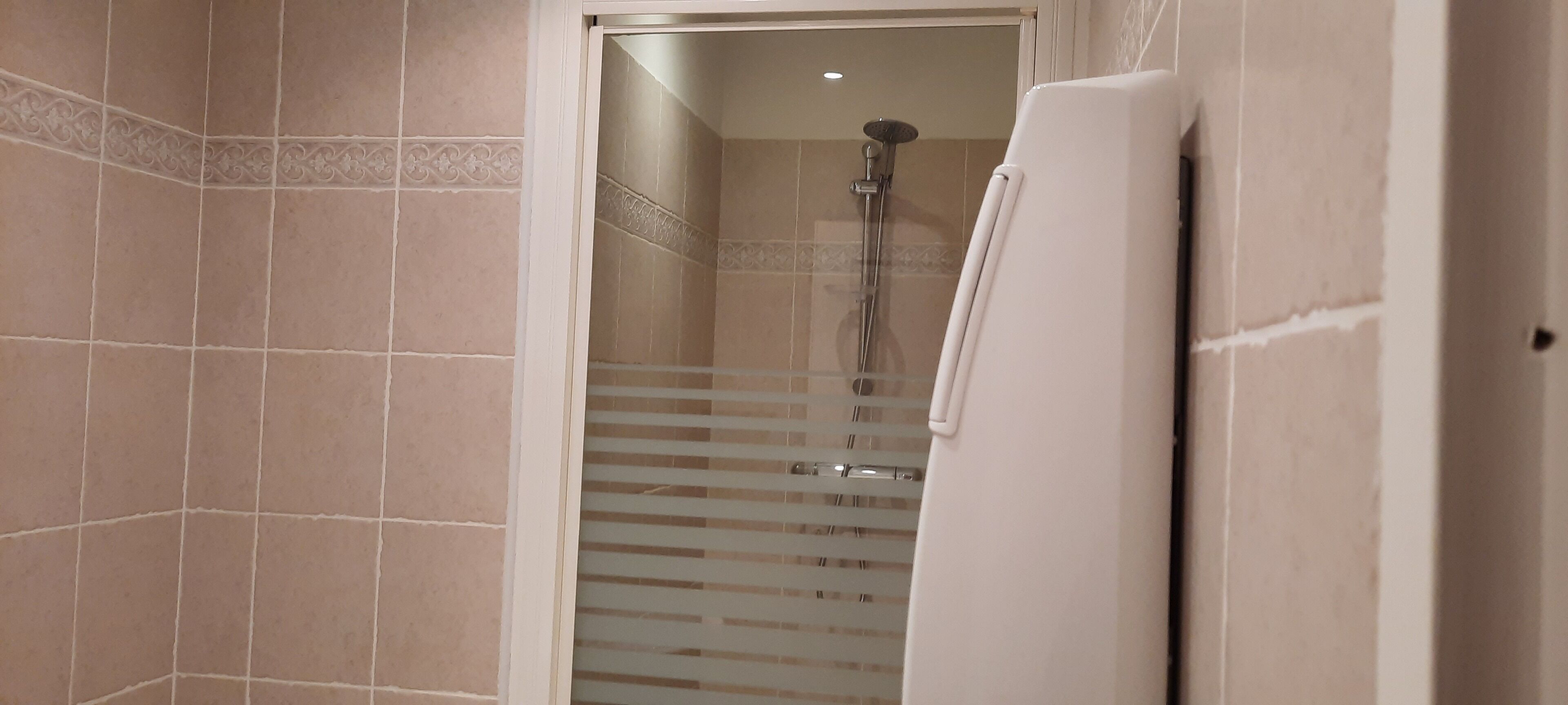 Un baño con baldosas color crema, ducha con puerta de vidrio y un toallero blanco.