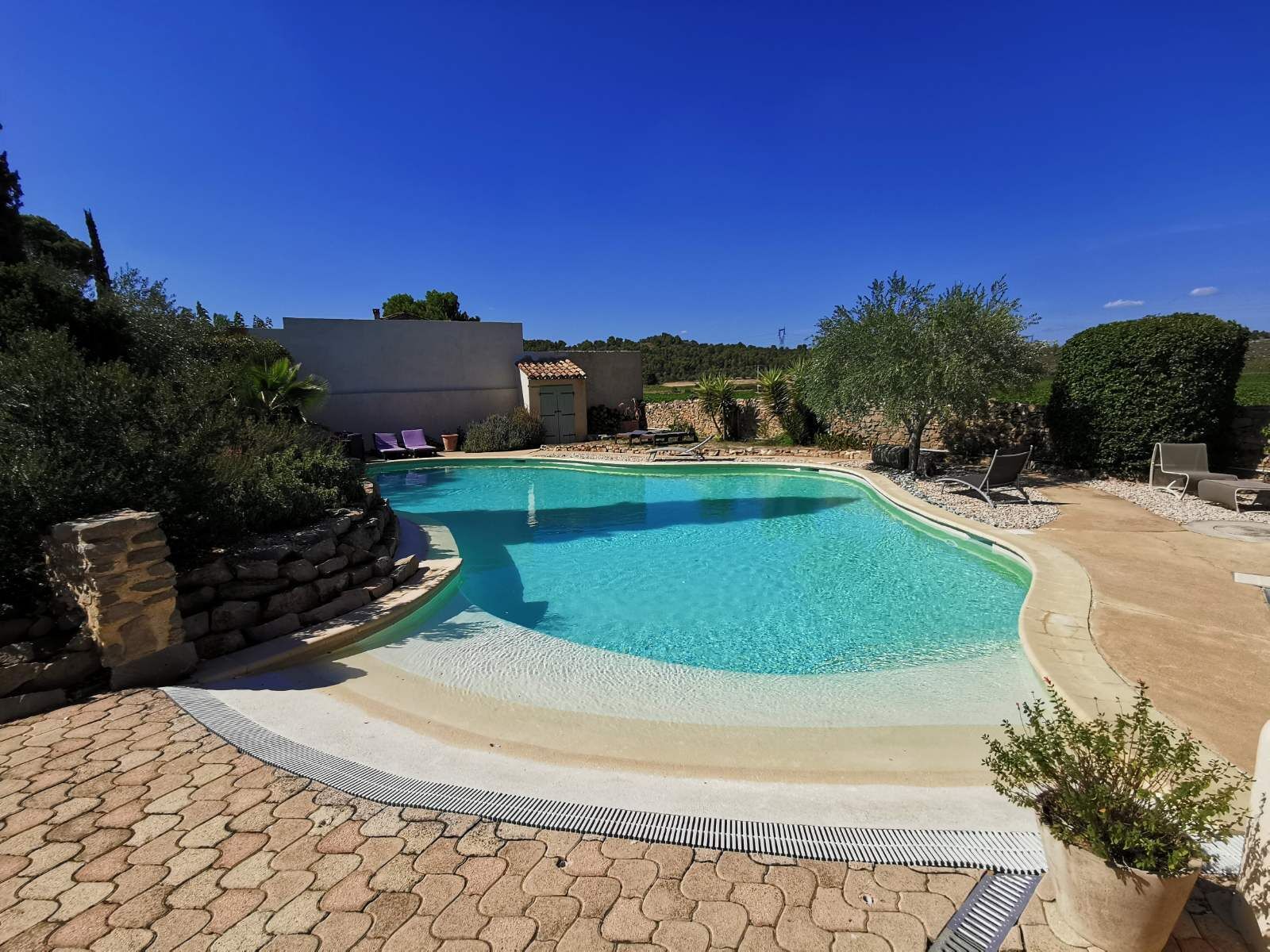 A swimming pool with a curved edge, surrounded by a paved deck and lounge chairs.
