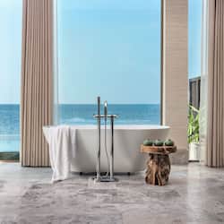 Separate tub and shower, deep soaking tub, rainfall showerhead