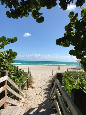 Un sendero de madera que conduce a una playa con vistas claras al océano.