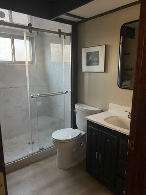 Shower, hair dryer, towels, toilet paper