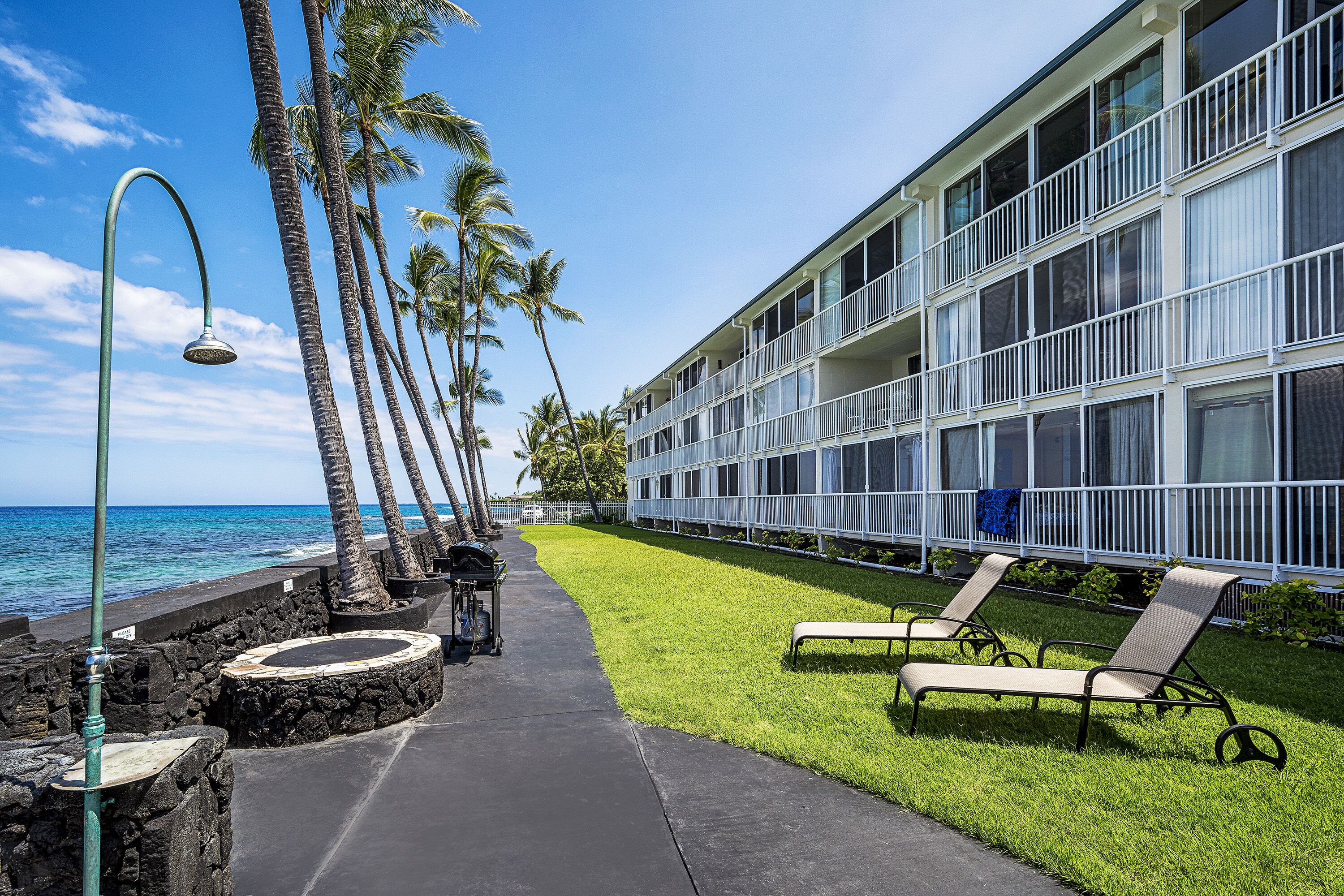 A hotel with a poolside area, palm trees, and a view of the ocean.
