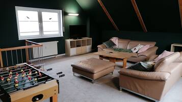 Smart TV, table football, books, stereo