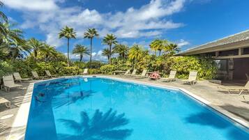 A swimming pool with lounge chairs and palm trees.
