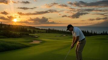 Ein Golfplatz mit Sonnenuntergangsblick, einem Gewässer und einem bewaldeten Gebiet.