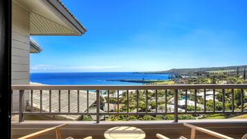 A balcony with a view of the ocean and a residential area.