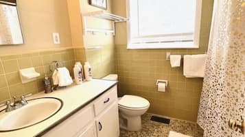 Secadora de cabello, toallas, jabón, shampoo