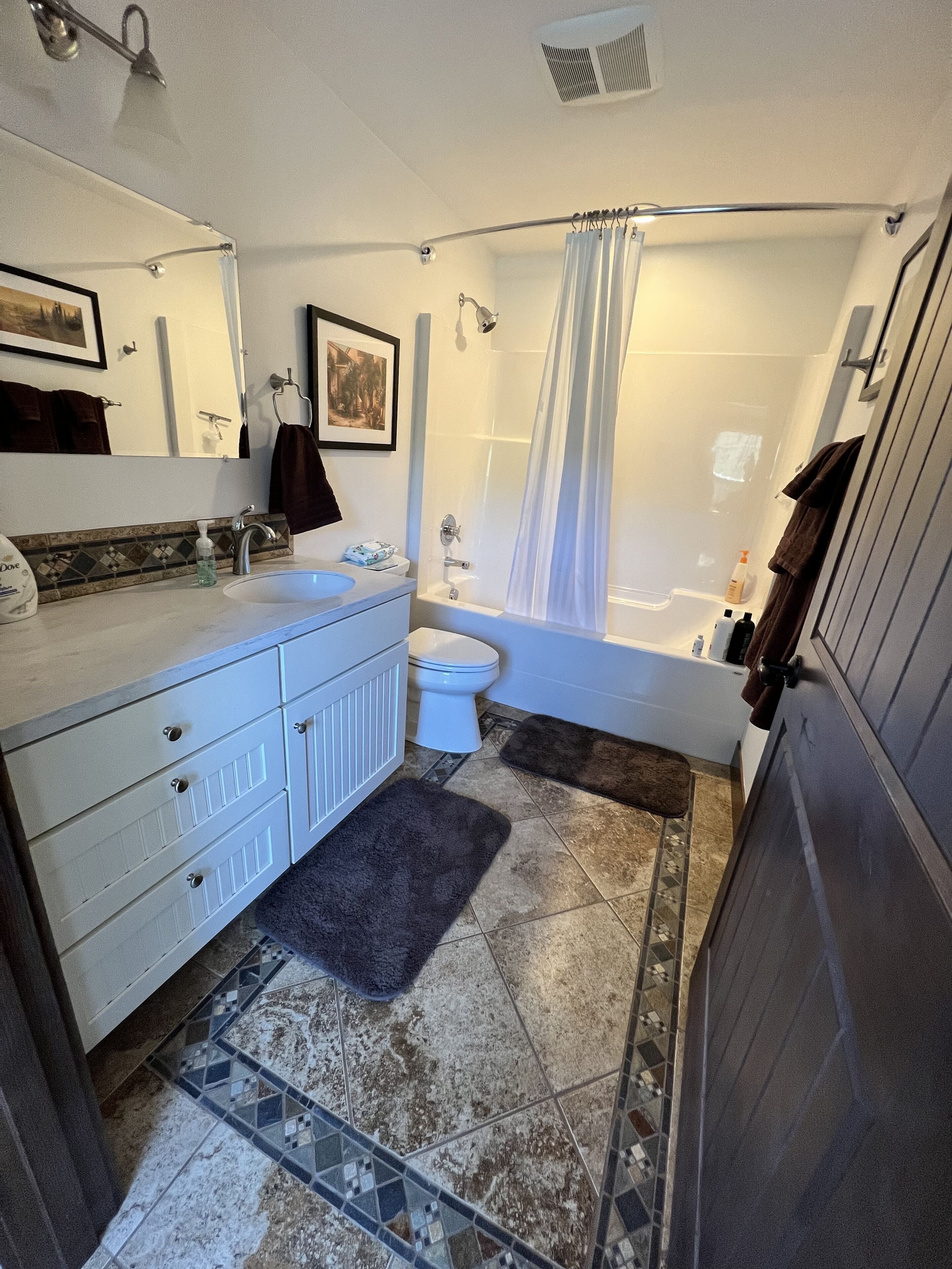 Combined shower/tub, hair dryer, towels, soap