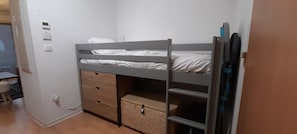 1 bedroom, desk, iron/ironing board, travel crib