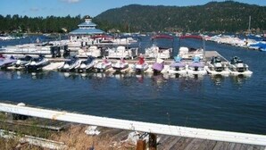 Un port de plaisance où sont amarrés de nombreux bateaux, avec une zone abritée et une colline en arrière-plan.
