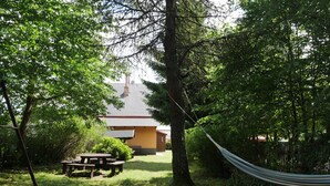 Een picknickplaats met een tafel en banken, omgeven door bomen en een hangmat.