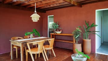 Een houten eettafel met stoelen, een hanglamp en potplanten.