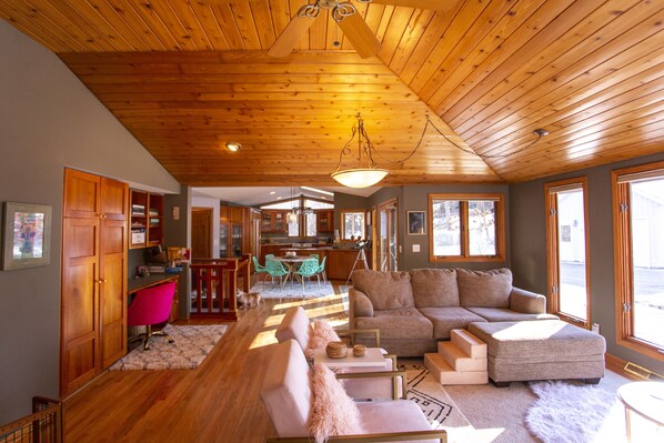 Smart TV, fireplace, video games, DVD player