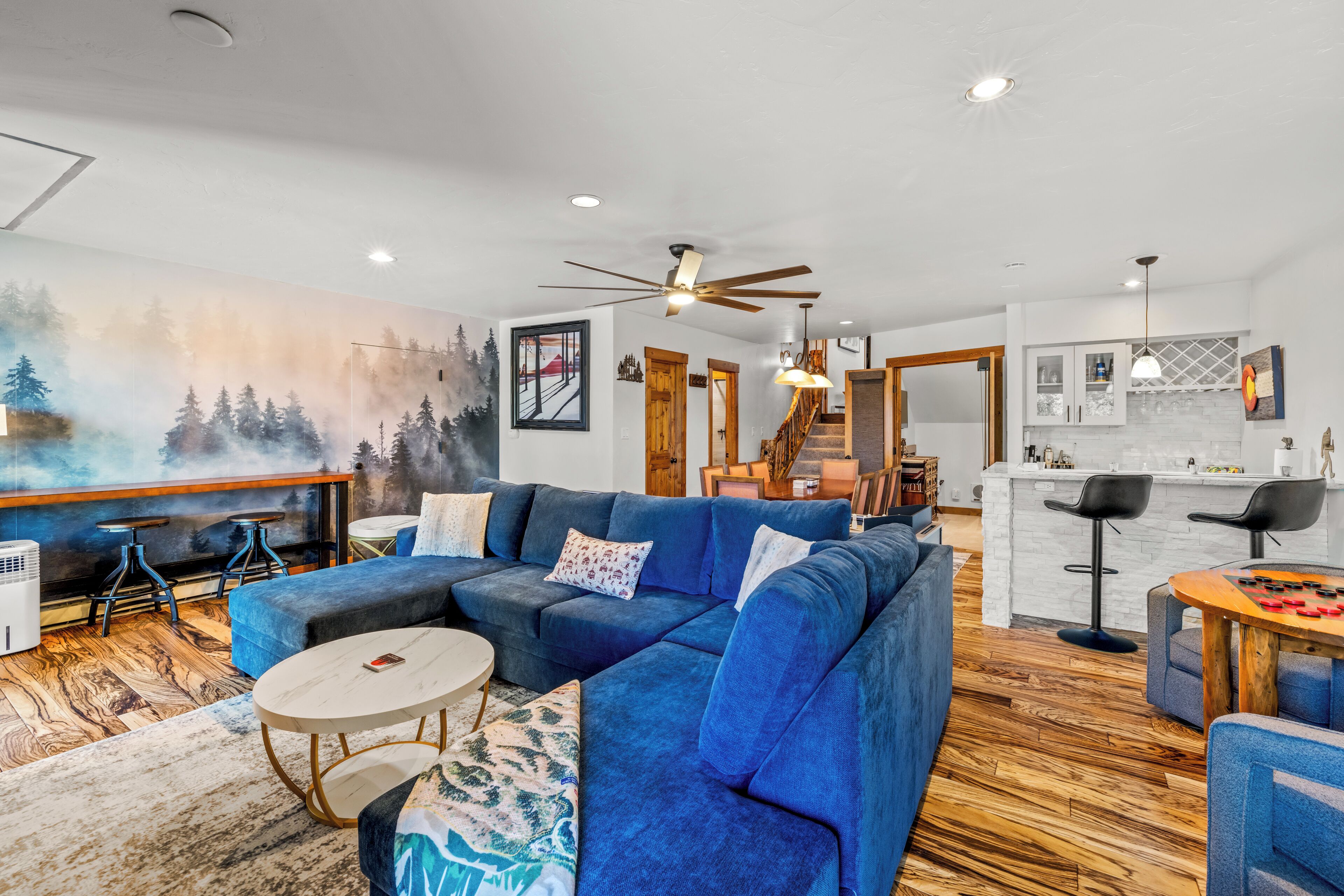 Smart TV, fireplace, books, stereo